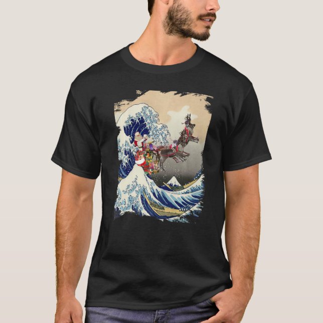 Santa Reindeer Over Great Wave Christmas T-Shirt (Front)