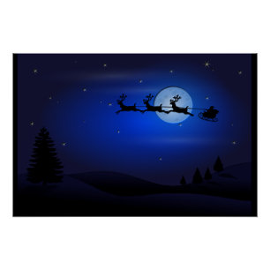 Santa Reindeer Over Moon in Blue Poster
