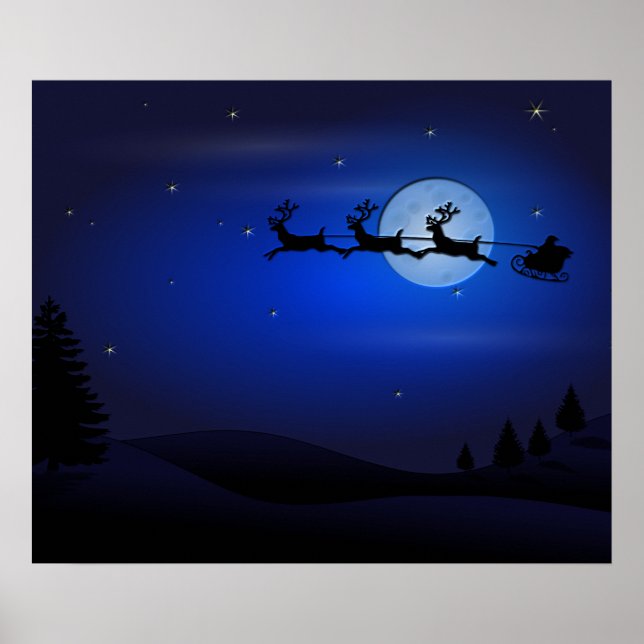 Santa Reindeer Over Moon in Blue Poster (Front)