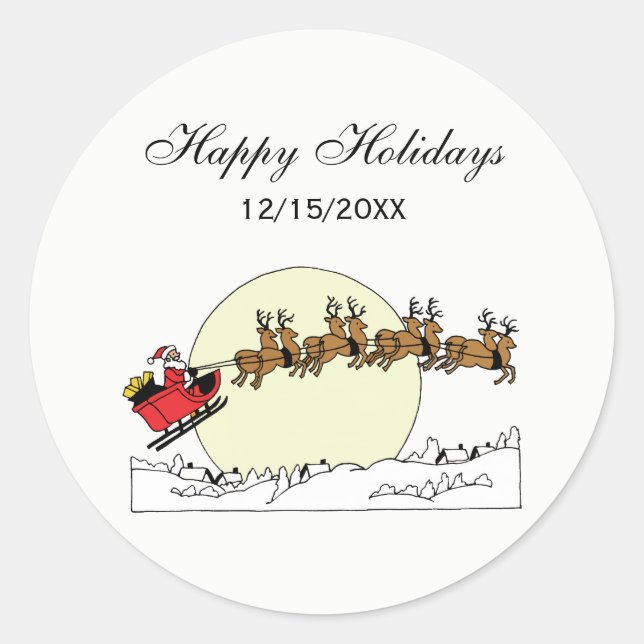 Santa Reindeer Over Snow Covered Town Lt Moon Classic Round Sticker (Front)
