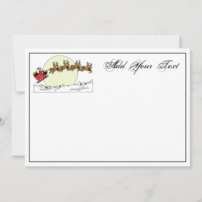 Santa Reindeer Over Snow Covered Town Lt Moon Holiday Card (Front)