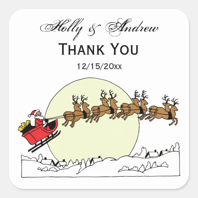 Santa Reindeer Over Snow Covered Town Lt Moon Square Sticker (Front)