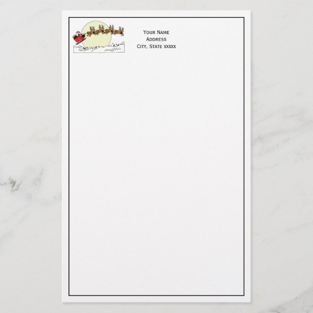 Santa Reindeer Over Snow Covered Town Lt Moon Stationery (Front)