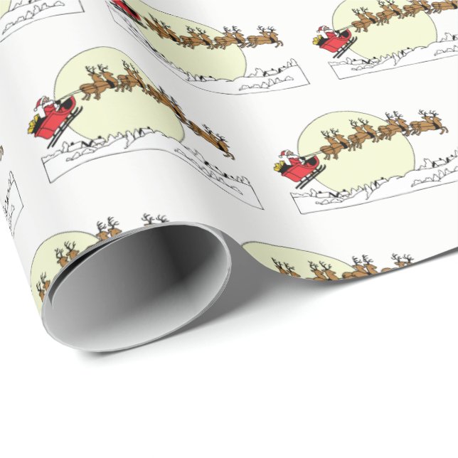 Santa Reindeer Over Snow Covered Town Lt Moon Wrapping Paper (Roll Corner)
