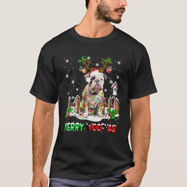 Santa Reindeer Pitbull Dog Christmas Lights T-Shirt (Front)