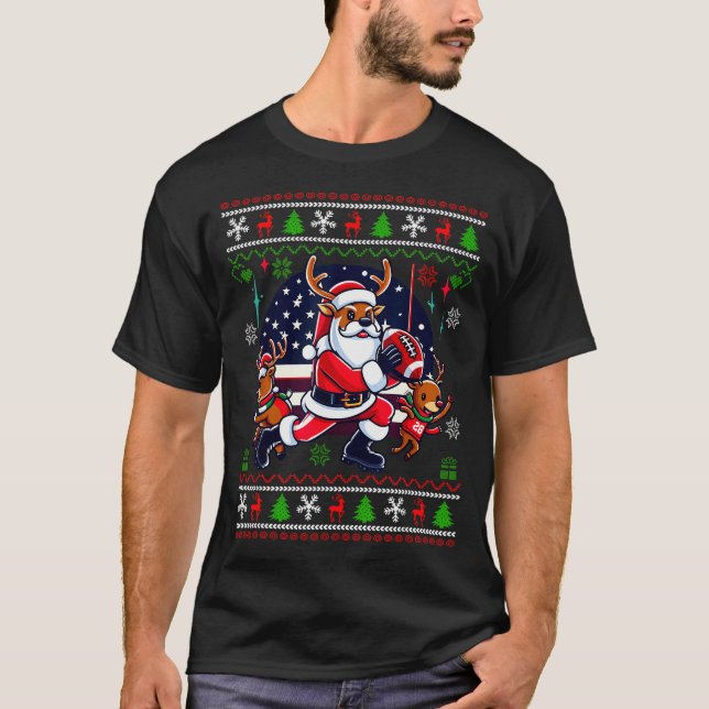 Santa Reindeer Play American Football Ugly Christm T-Shirt (Front)