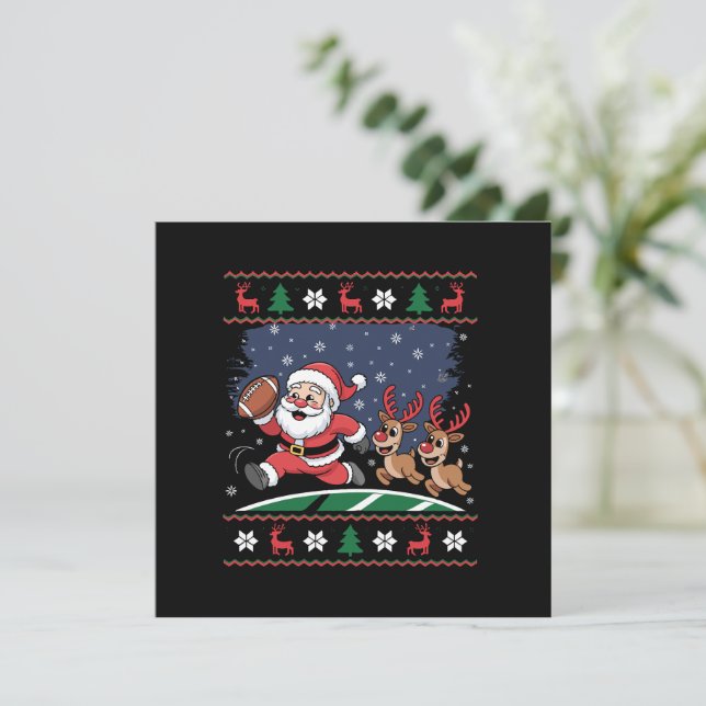Santa Reindeer Play American Football Ugly Xmas Holiday Card (Standing Front)