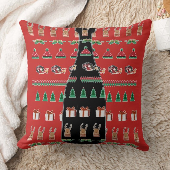 Santa Reindeer Red Green Black Champagne Bottle Cushion (Blanket)
