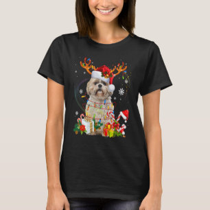 Santa Reindeer Shih Tzu Christmas Lights Xmas Dog T-Shirt