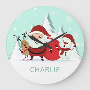 Santa, Reindeer & Snowman custom name wall clocks