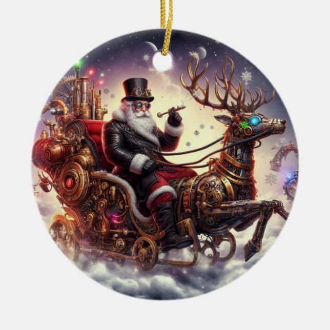 Santa/Reindeer steampunk Christmas/winter Ceramic Tree Decoration (Front)