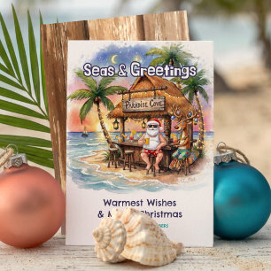 Santa Reindeer Tiki Bar Tropical Beach Christmas Holiday Card