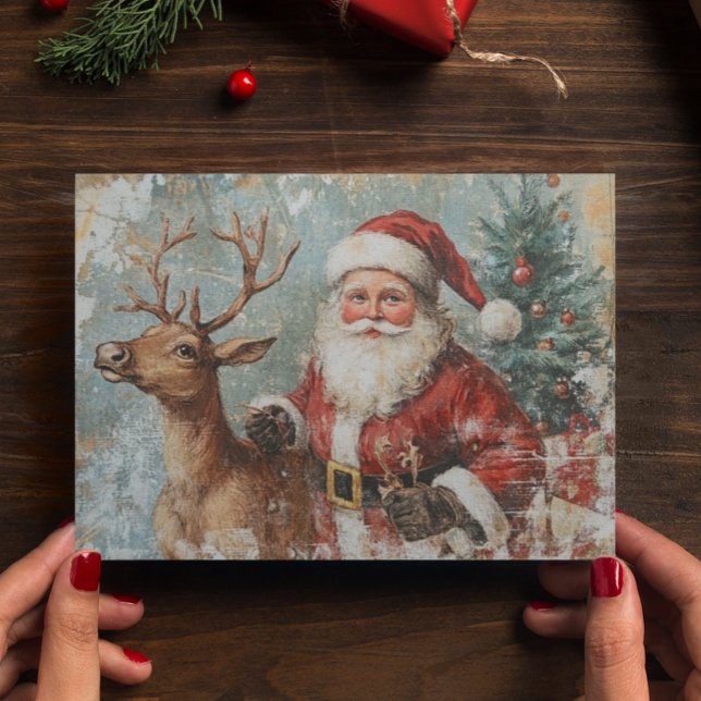 Santa Reindeer Vintage Decoupage Christmas  Postcard (Creator Uploaded)