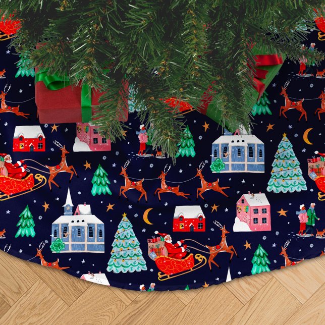 Santa & Reindeers Night Christmas Nordic Village Brushed Polyester Tree Skirt (Night before Christmas Nordic Village Brushed Polyester Tree Skirt)