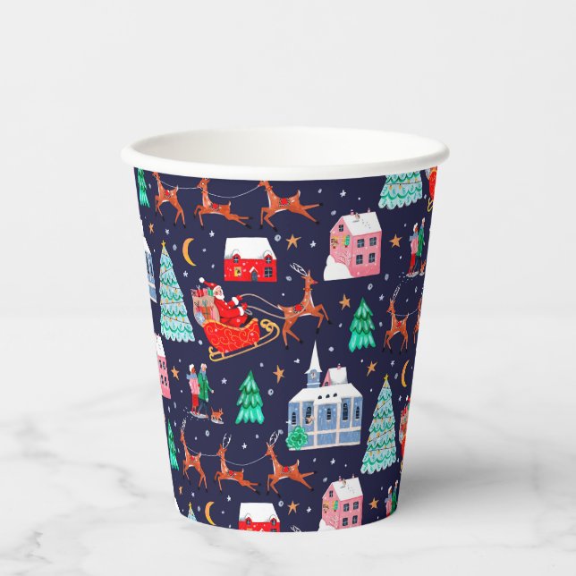 Santa & Reindeers Night Christmas Nordic Village Paper Cups (Front)