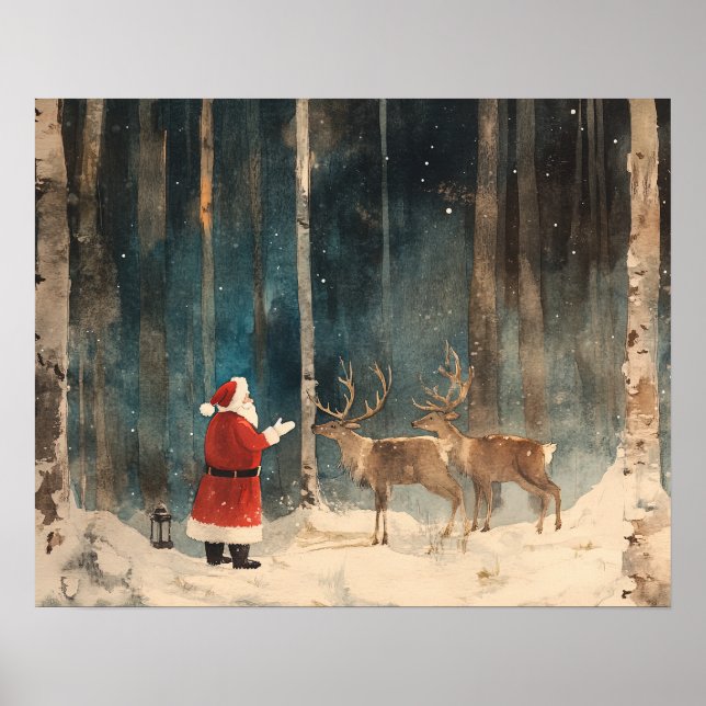 Santa Reinder Vintage Christmas Poster (Front)