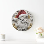 Santa relief art celebrating Christmas Large Clock<br><div class="desc">A beautifully crafted relief art displays a traditional Santa Claus adorned with a classic red hat and a flowing white beard. The intricate details highlight the joyful spirit of Christmas,  surrounded by golden accents and decorative elements.</div>