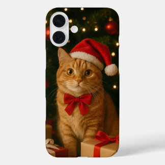 Santa Ribbon Cat iPhone 16 Plus Case
