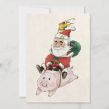 Santa Ridding A Pig With A Mouse Holding On cards 