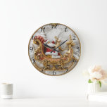 Santa rides a sleigh with reindeer large clock<br><div class="desc">A jolly Santa Claus in a vibrant red suit,  complete with white trim,  joyfully rides his beautifully adorned sleigh. Accompanied by a cheerful reindeer,  they glide through a wintry wonderland.</div>