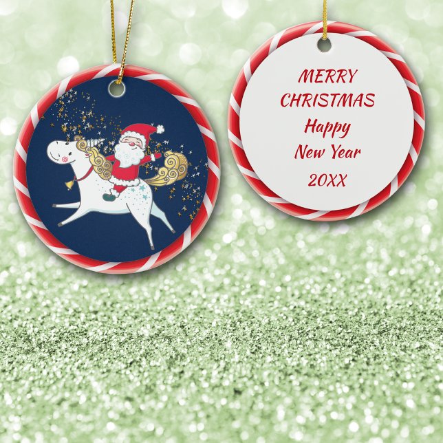 Santa Rides a Unicorn Cute Ceramic Tree Decoration (Creator Uploaded)