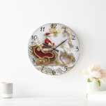 Santa rides his sleigh through winter large clock<br><div class="desc">In a magical winter landscape,  a joyful Santa Claus rides on a luxurious sleigh,  pulled by a majestic white horse. Snow-capped trees create a serene backdrop as golden accents shimmer in the light.</div>