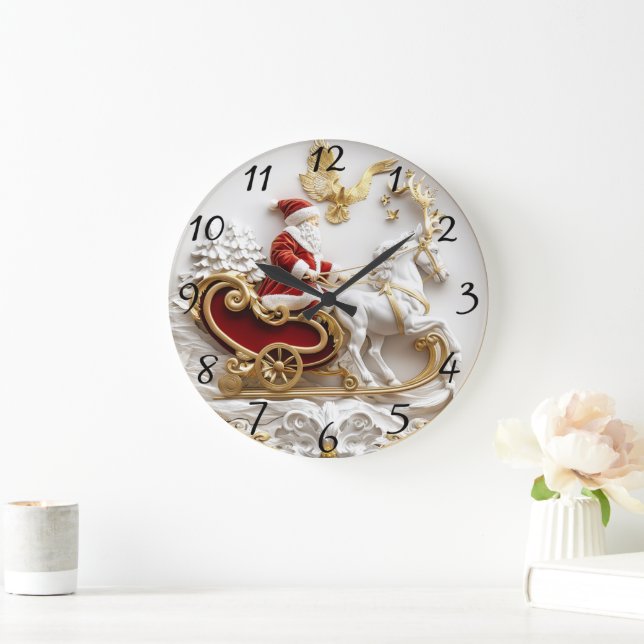 Santa rides his sleigh through winter large clock (Home)