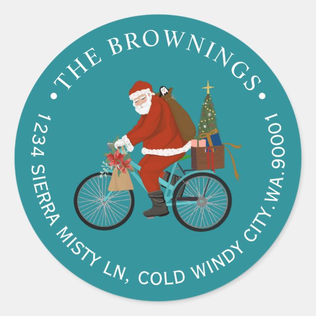 Santa Riding a Bike Christmas Holiday Address Classic Round Sticker (Front)