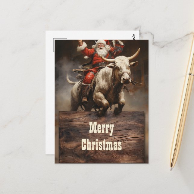 Santa Riding a Bull Postcard (Front/Back In Situ)