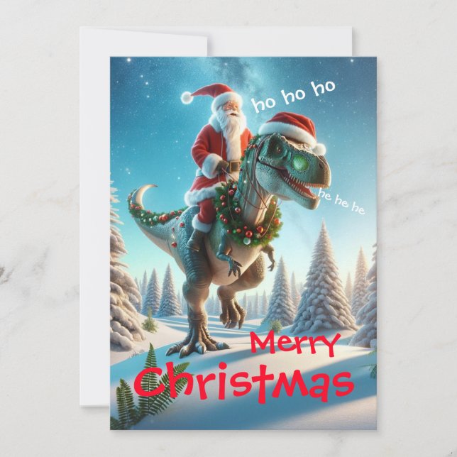 Santa Riding a Dinosauer  Holiday Card (Front)