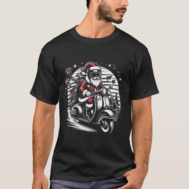 Santa Riding a Motor Scooter tree design solid  T-Shirt (Front)