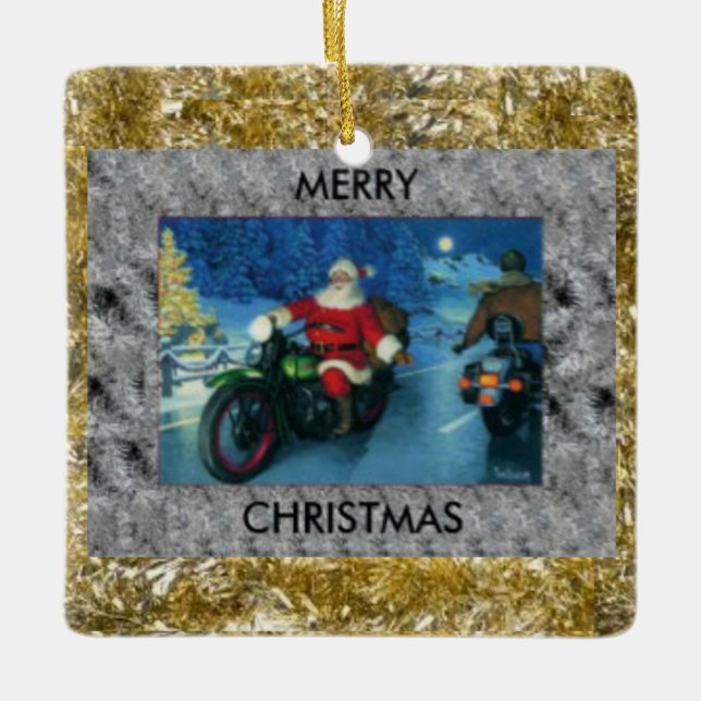 Santa Riding a Motorcycle Christmas  Ornament (Front)