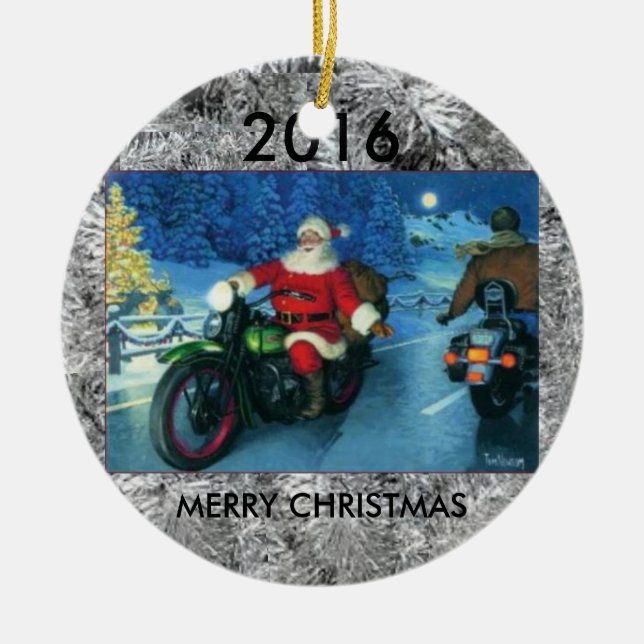 Santa riding a motorcycle christmas tree ornament (Front)