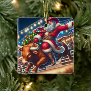 Santa Riding a Rodeo Bull Christmas Ceramic Ornament