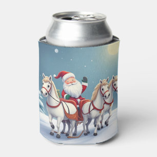 Santa Riding a Sleigh Led by White Horses Can Cooler