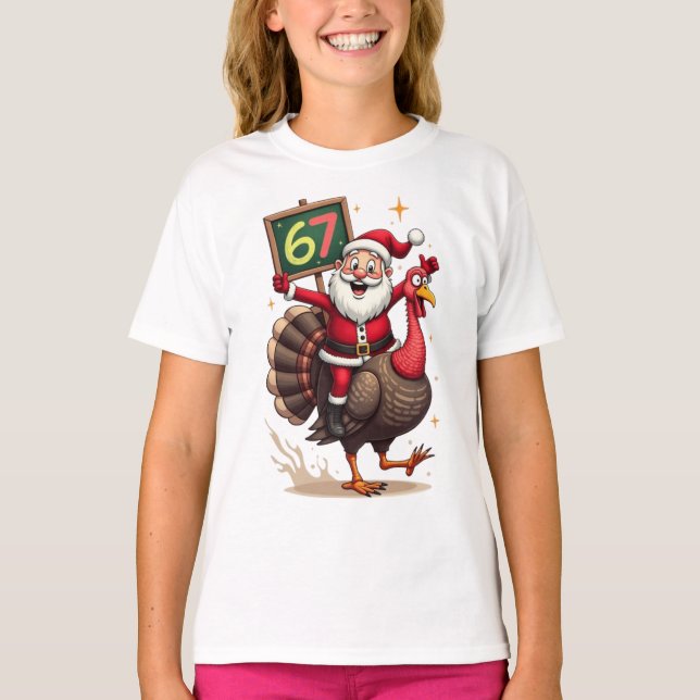 🎅🦃 Santa Riding a Turkey with Number 67 Funny T-Shirt (Front)