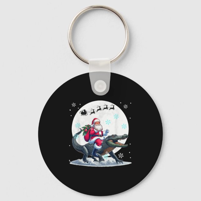 Santa Riding Alligator Christmas Moon Matching Kid Key Ring (Front)