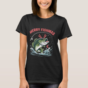 Santa Riding Bass Fish Christmas Fishing Funny Xma T-Shirt