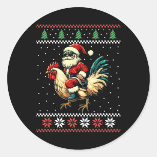 Santa Riding Chicken Ugly Christmas Sweater Farmer Classic Round Sticker