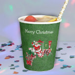 Santa Riding Christmas Train Candy Canes Letters Paper Cups<br><div class="desc">These paper cups are dark green with Santa Claus riding a red and white Christmas train carrying candy canes and letters to Santa with peppermint candy wheels.   Customise your text with the templates on the front and back.</div>