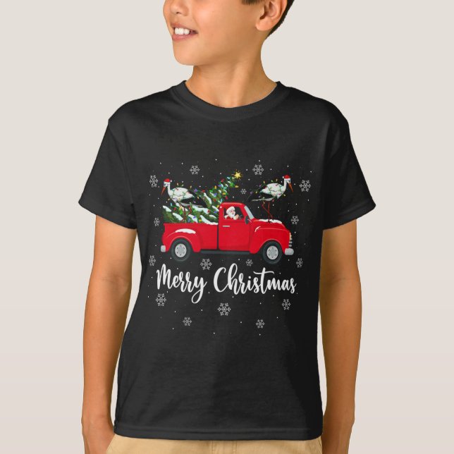 Santa Riding Christmas Tree Truck Stork Bird Chris T-Shirt (Front)