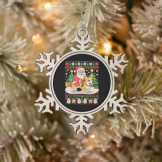 Santa Riding Corgi Dog Ugly Christmas Xmas Holiday Snowflake Pewter Christmas Ornament