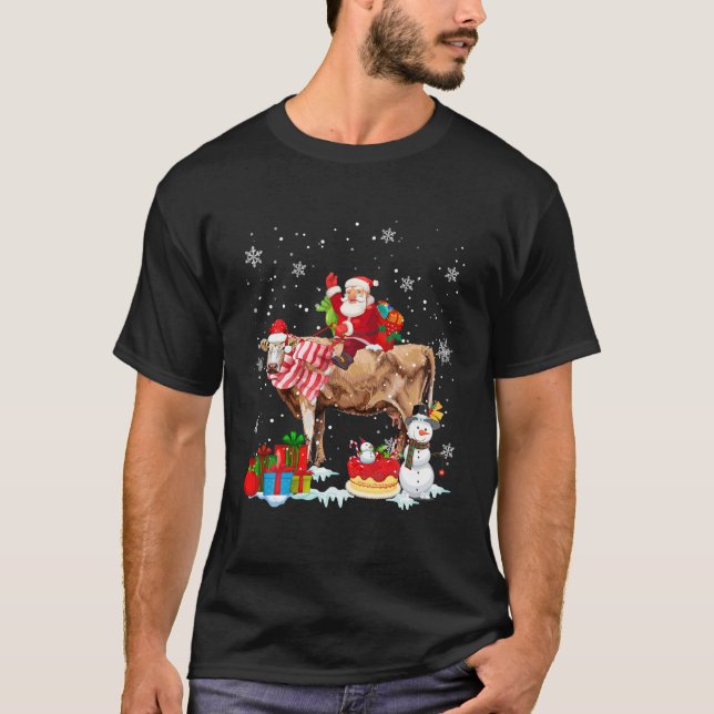 Santa Riding Cow Christmas Pajama Family Matching T-Shirt (Front)