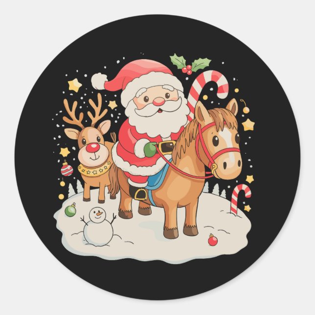 Santa Riding Cute Horse Christmas Holiday Xmas Classic Round Sticker (Front)