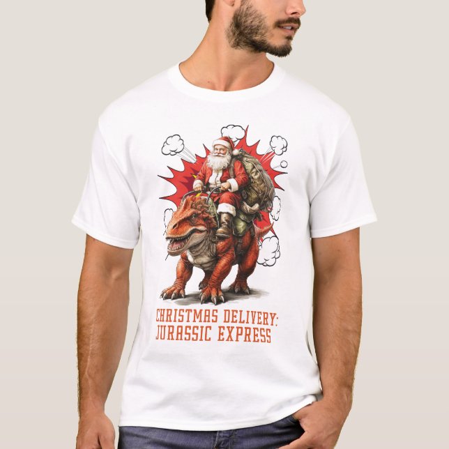 Santa Riding Dino Men White T-Shirt (Front)