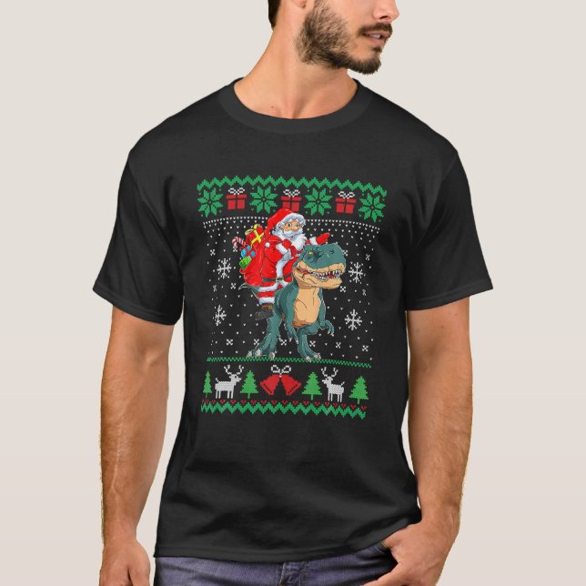 Santa Riding Dino Trex Dinosaur Funny Christmas T-Shirt (Front)