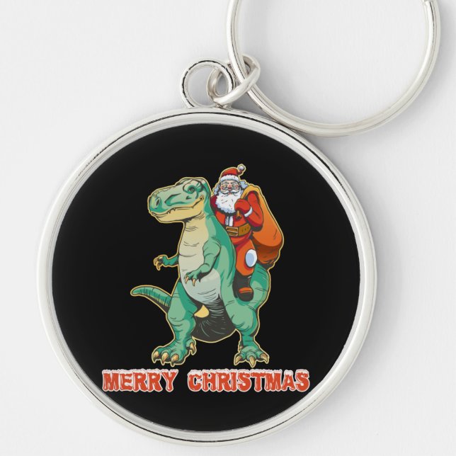 Santa Riding Dinosaur Key Ring (Front)
