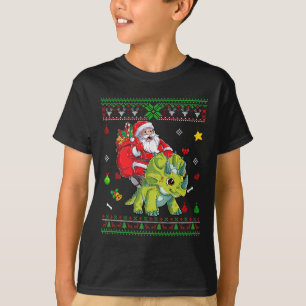 Santa Riding Dinosaur Love Reindeer Xmas Tree Ugly T-Shirt
