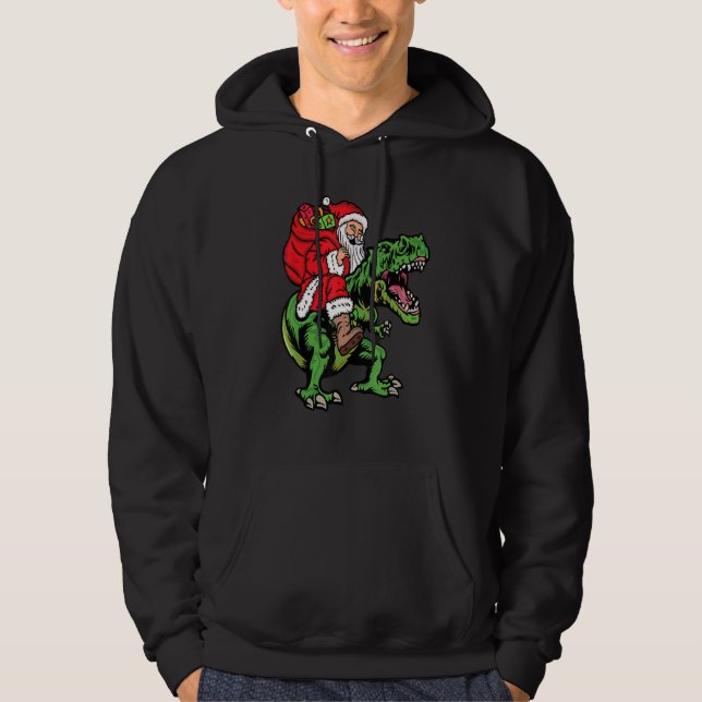 Santa Riding Dinosaur T Rex Christmas  Boys Men Xm Hoodie (Front)