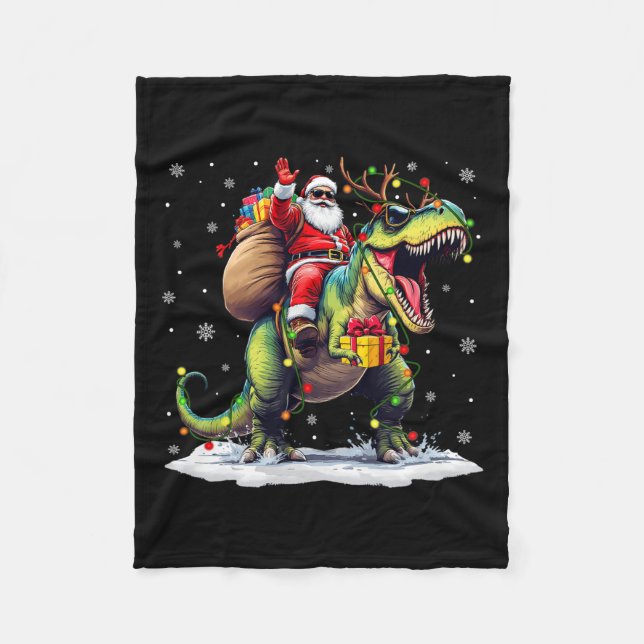 Santa Riding Dinosaur T Rex Christmas Boys Men Xma Fleece Blanket (Front)